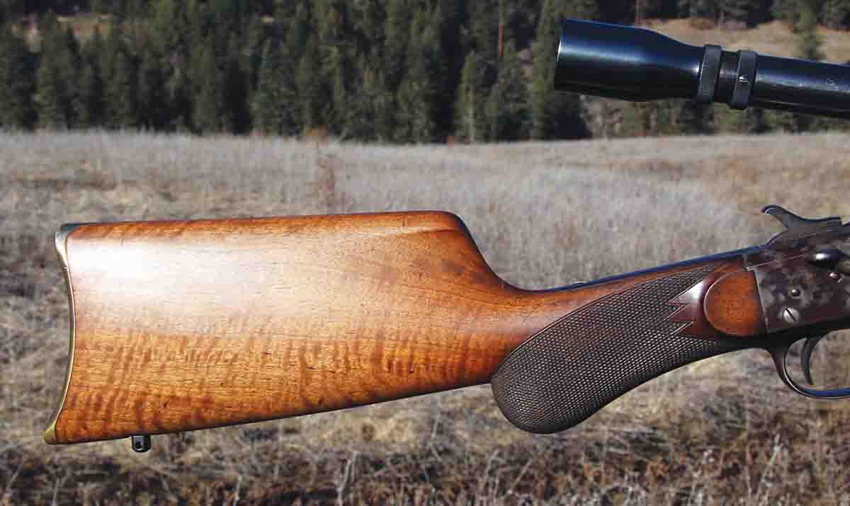 The Remington Hepburn No. 3 test rifle held a gorgeous piece of walnut on its buttstock, the finish is in great shape for a rifle made in the 1880s.